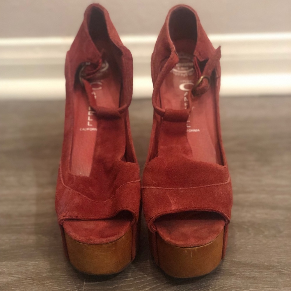 JEFFREY CAMPBELL, red, suede, open toed, platforms
